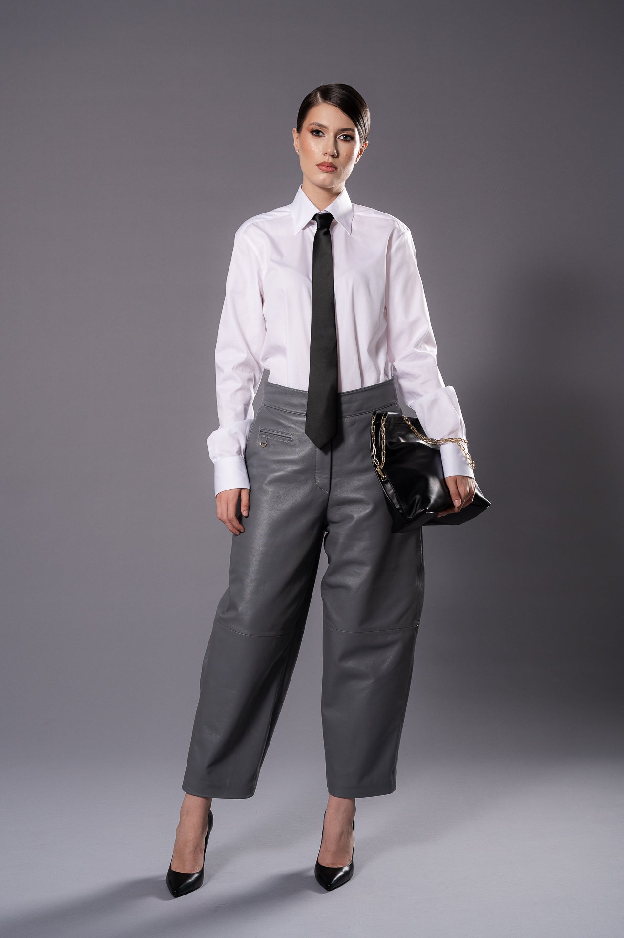 ELISE Grey Leather Trousers