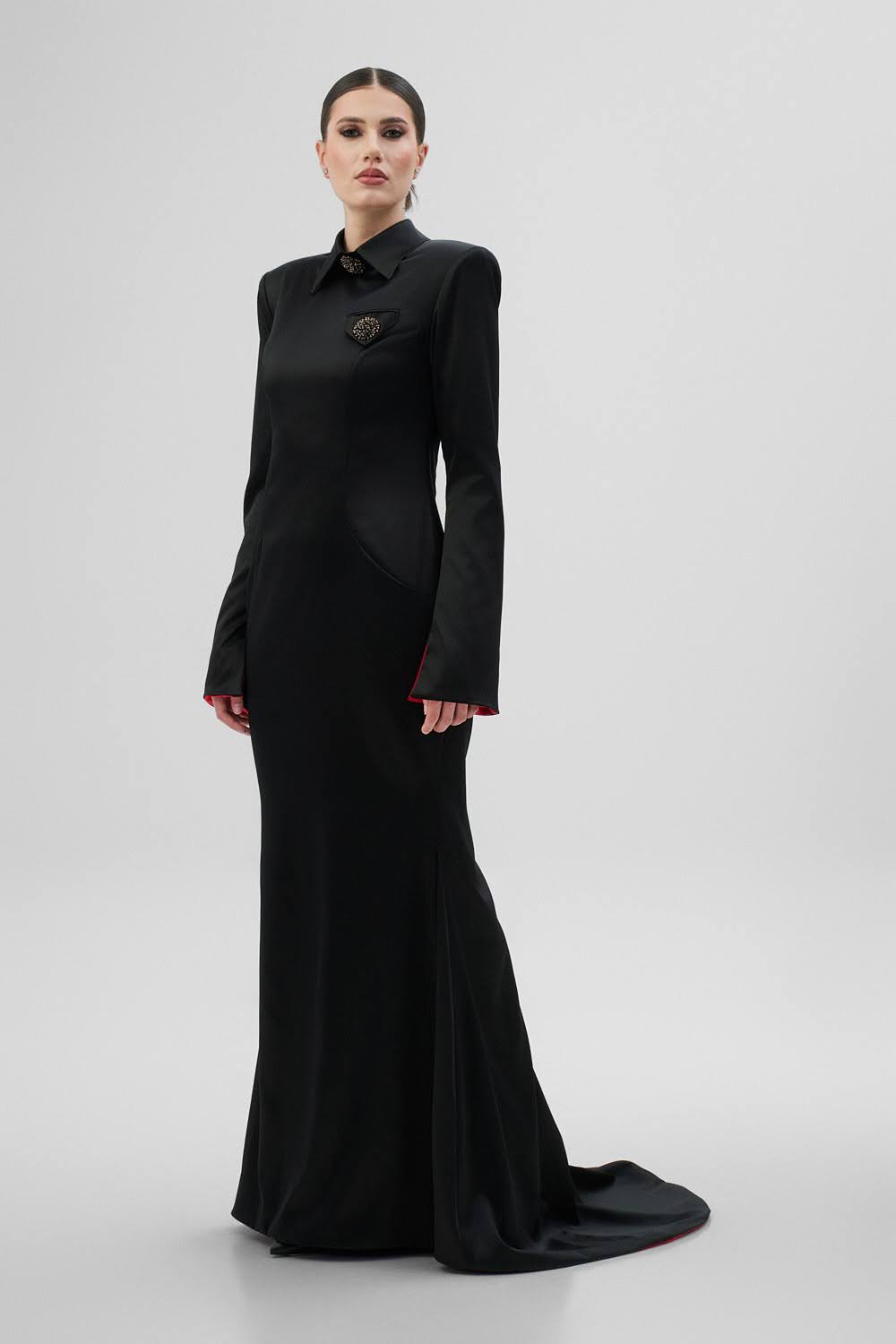 RIN Black Dress With Long Train and Red Interior