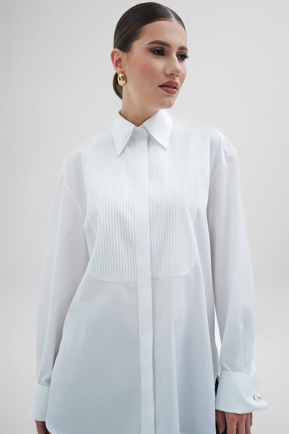 LUCIE Oversize Ceremonial White Shirt With Plastron & Cuffs with Pearl Cufflinks