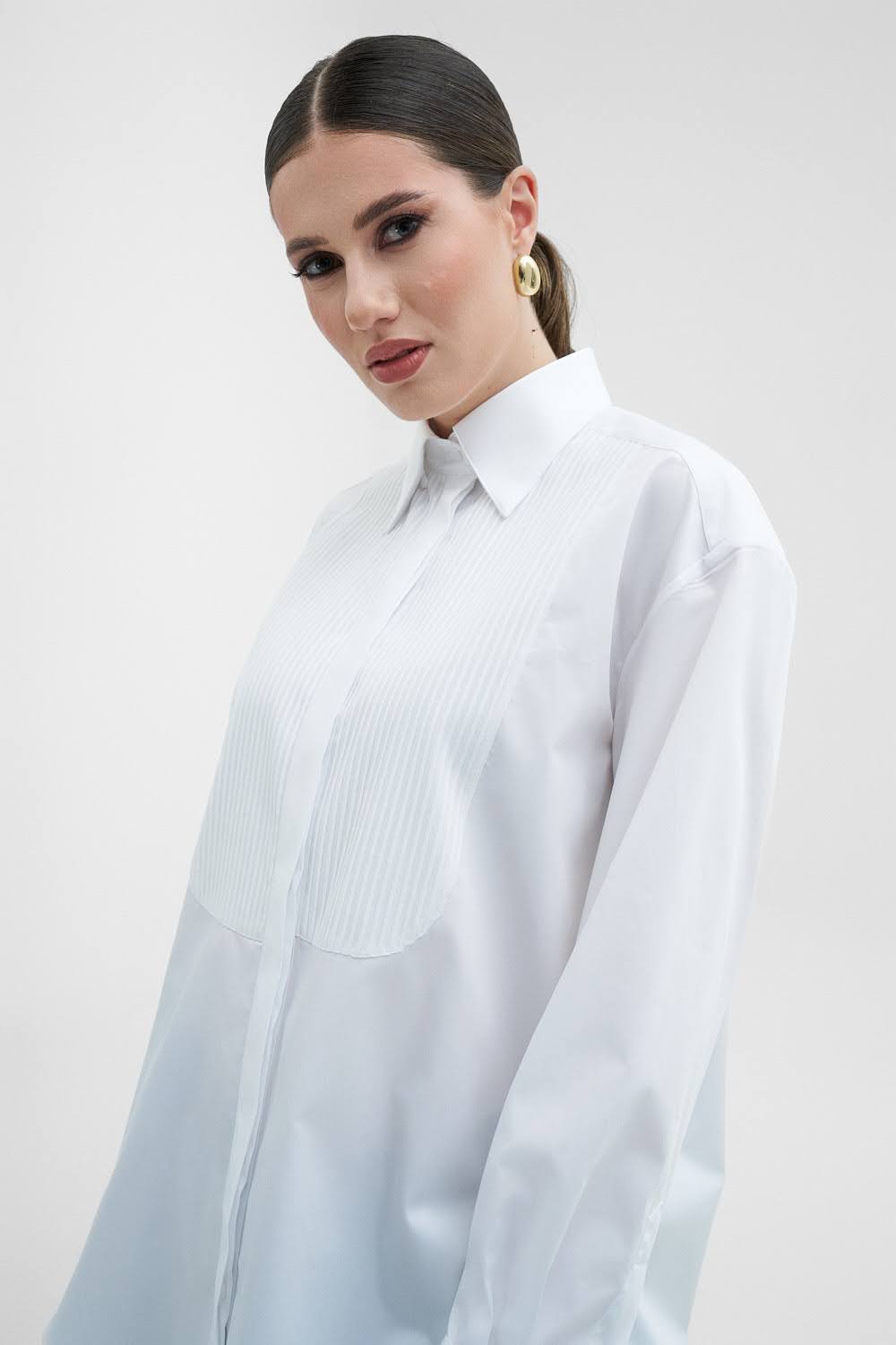 LUCIE Oversize Ceremonial White Shirt With Plastron & Cuffs with Pearl Cufflinks
