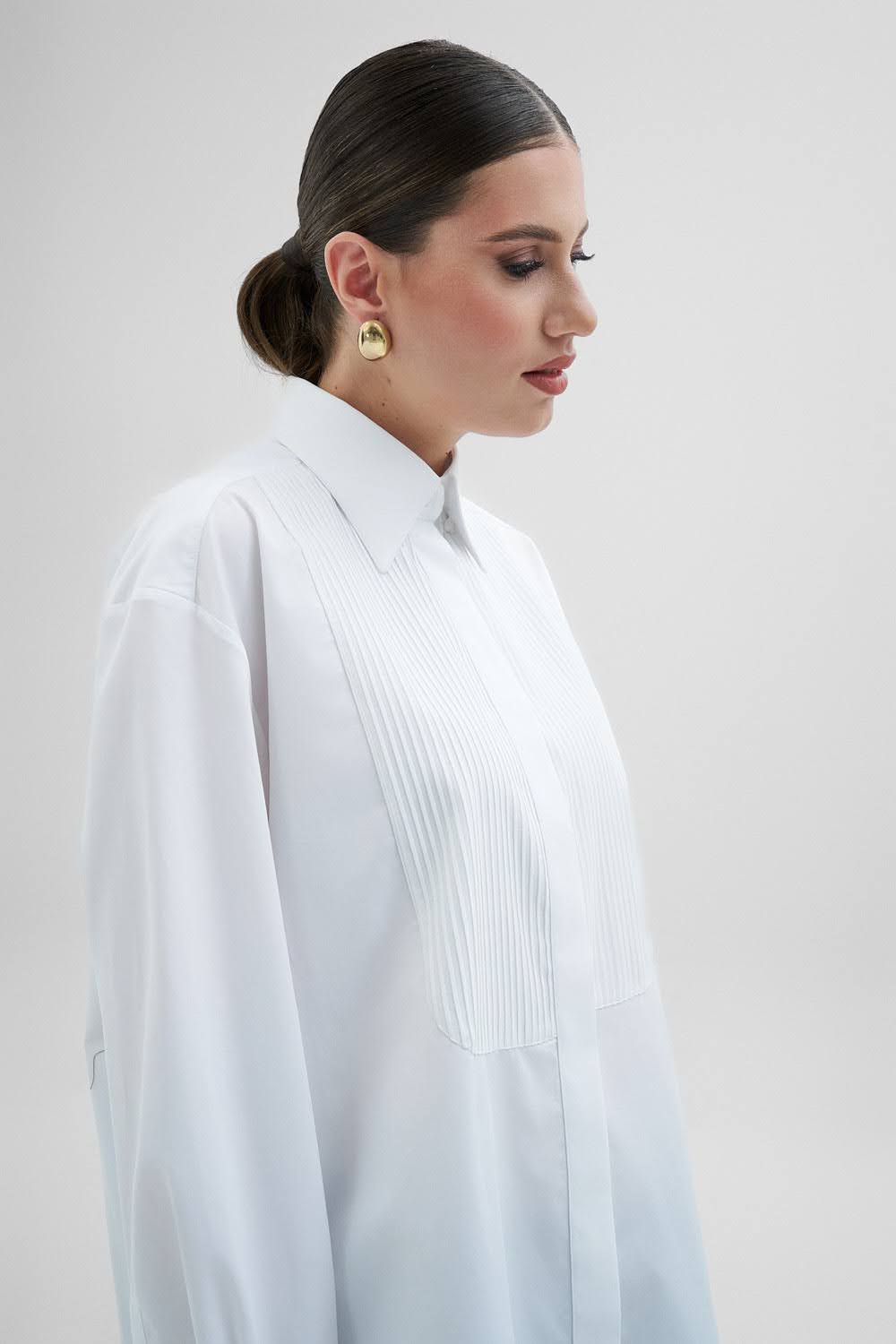 LUCIE Oversize Ceremonial White Shirt With Plastron & Cuffs with Pearl Cufflinks