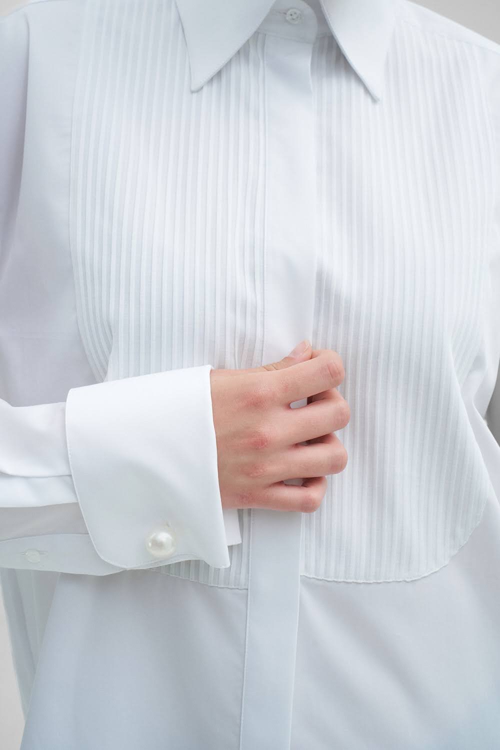 LUCIE Oversize Ceremonial White Shirt With Plastron & Cuffs with Pearl Cufflinks