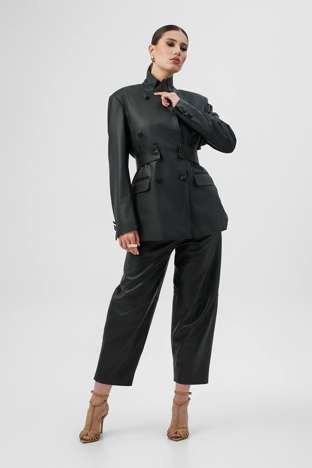 ANAIS Black Leather Jacket with Modular Stripe