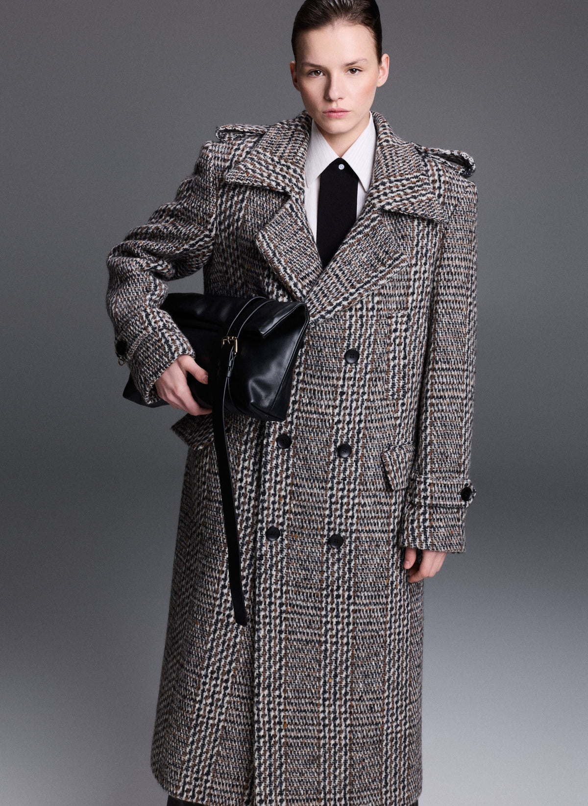 Double-Breasted Plaid Long Coat