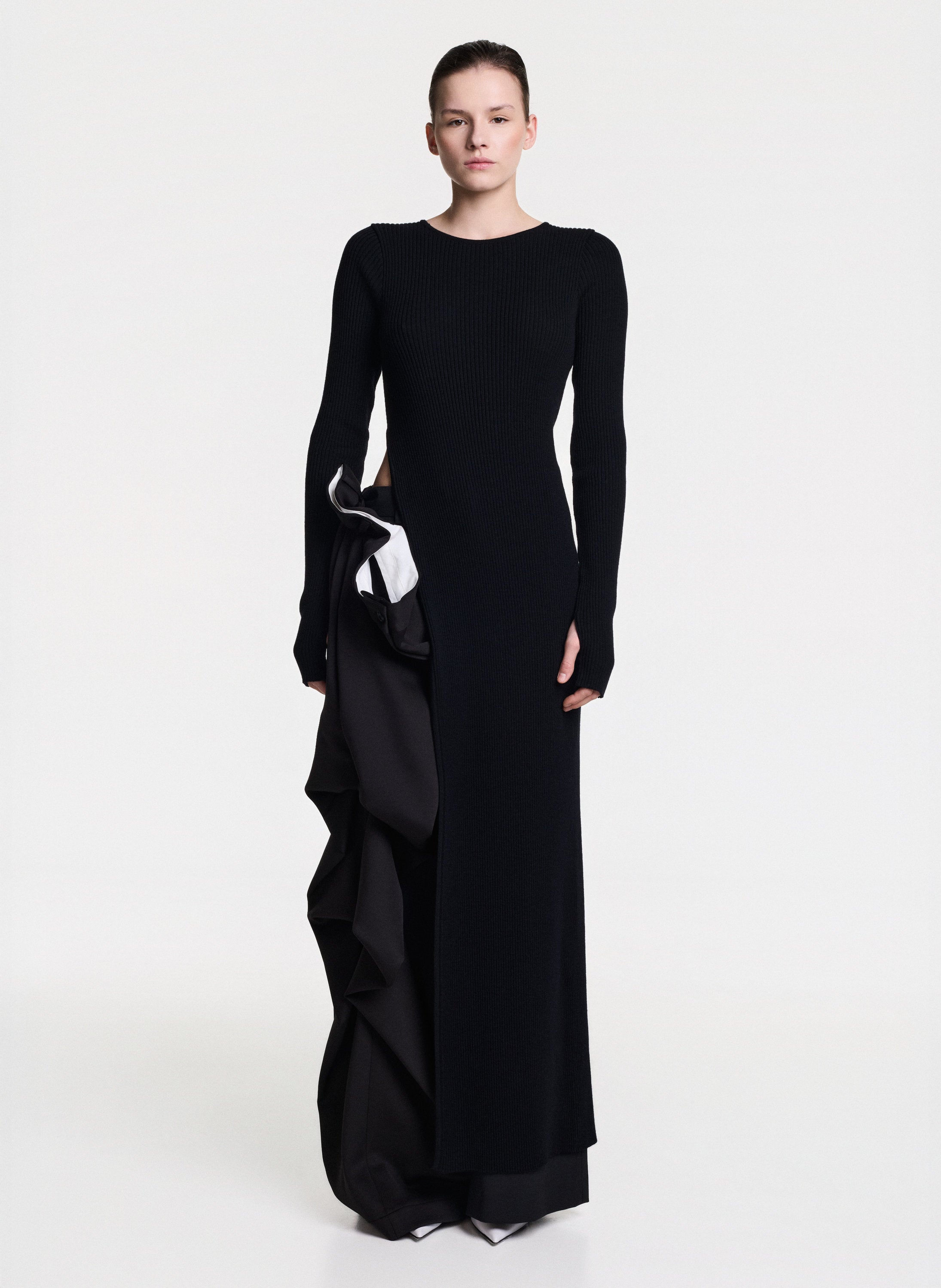 Black Long Knitted Top With Side Cut