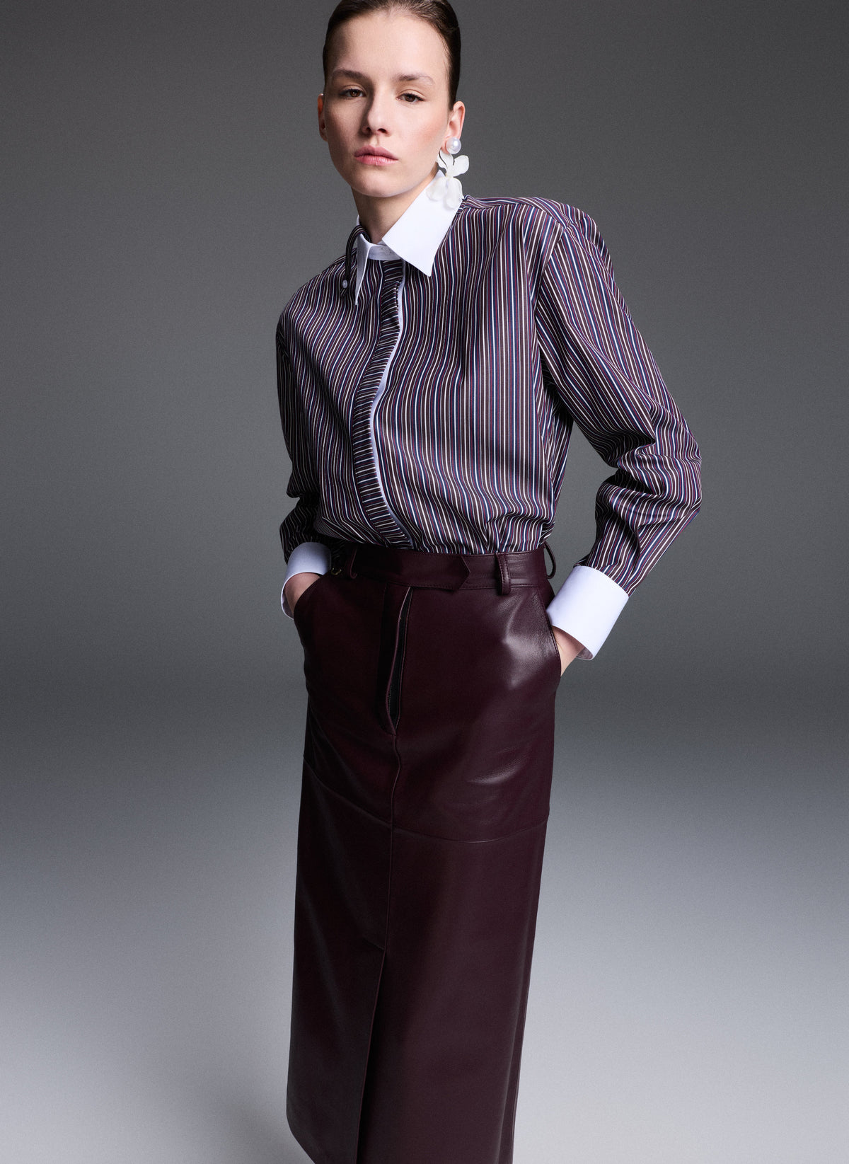 Natural Leather Burgundy Midi Skirt With Front Slit