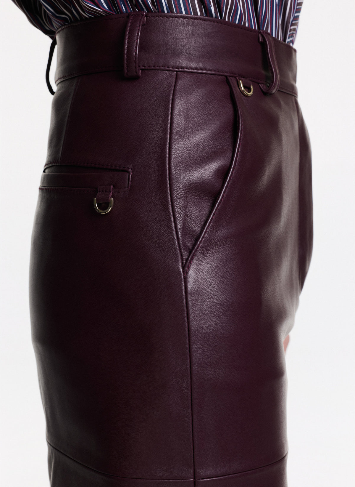 Natural Leather Burgundy Midi Skirt With Front Slit