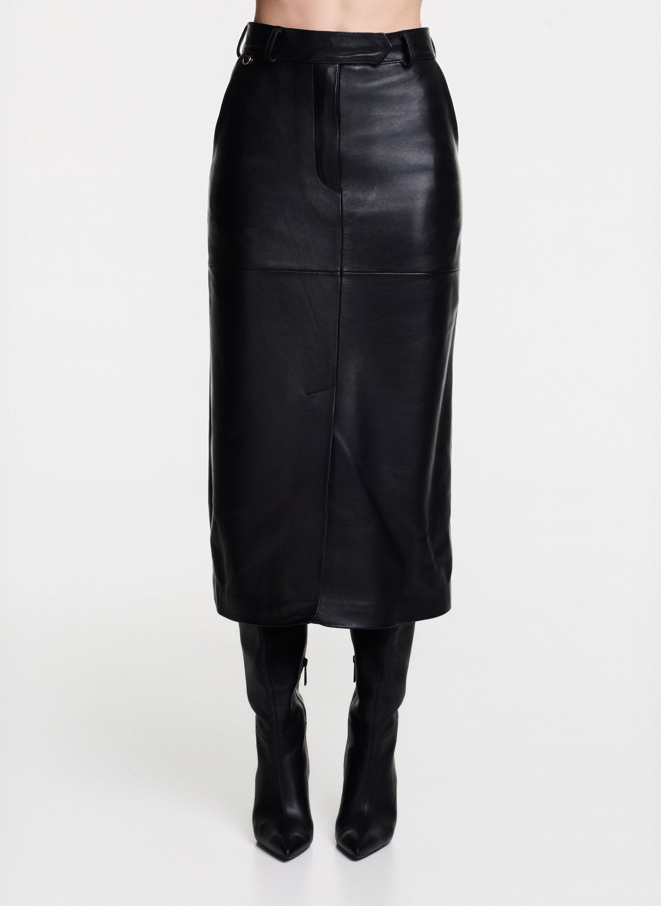 Natural Leather Midi Skirt With Front Slit