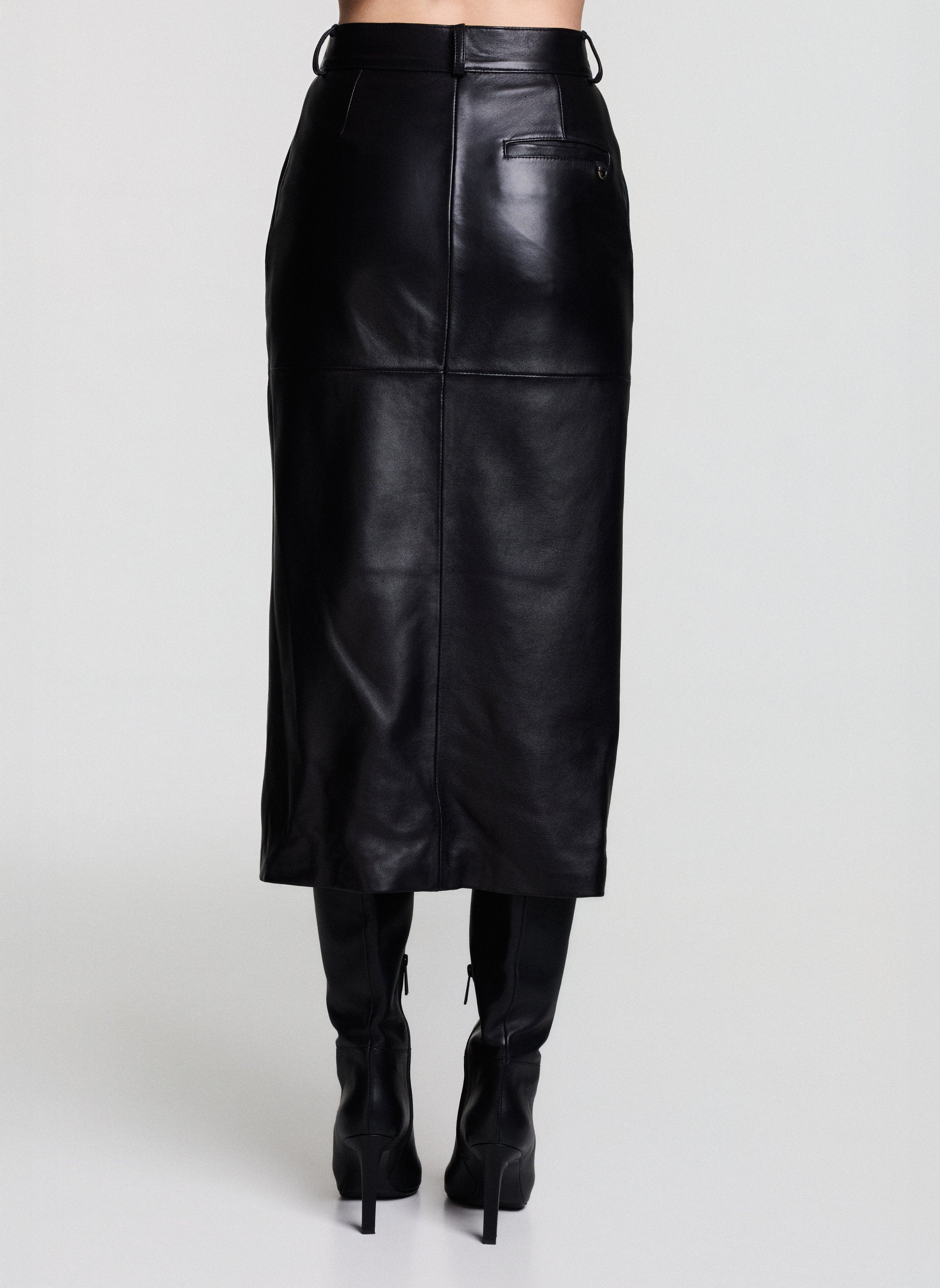 Natural Leather Midi Skirt With Front Slit