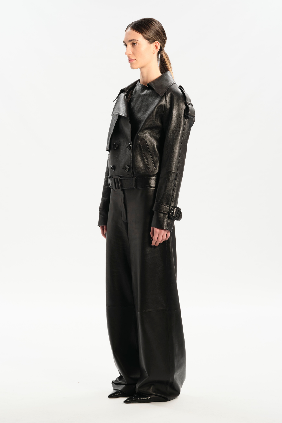 TIMEEA Black Short Leather Trench