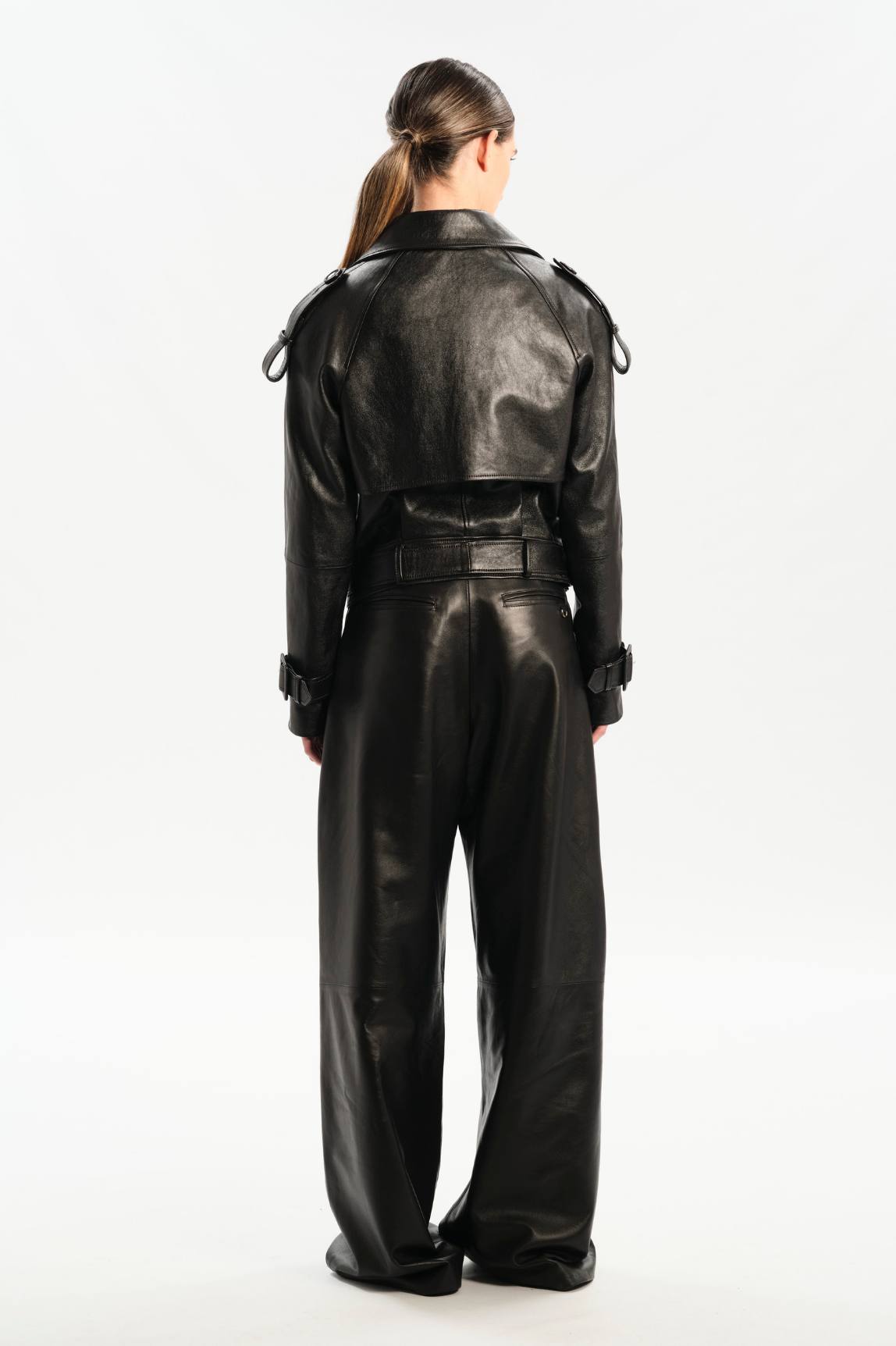 TIMEEA Black Short Leather Trench
