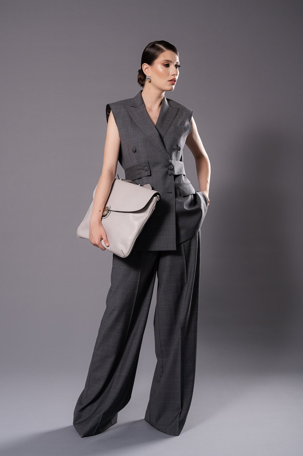 ANAIS-EVA Gray Double - Breasted Sleeveless Jacket