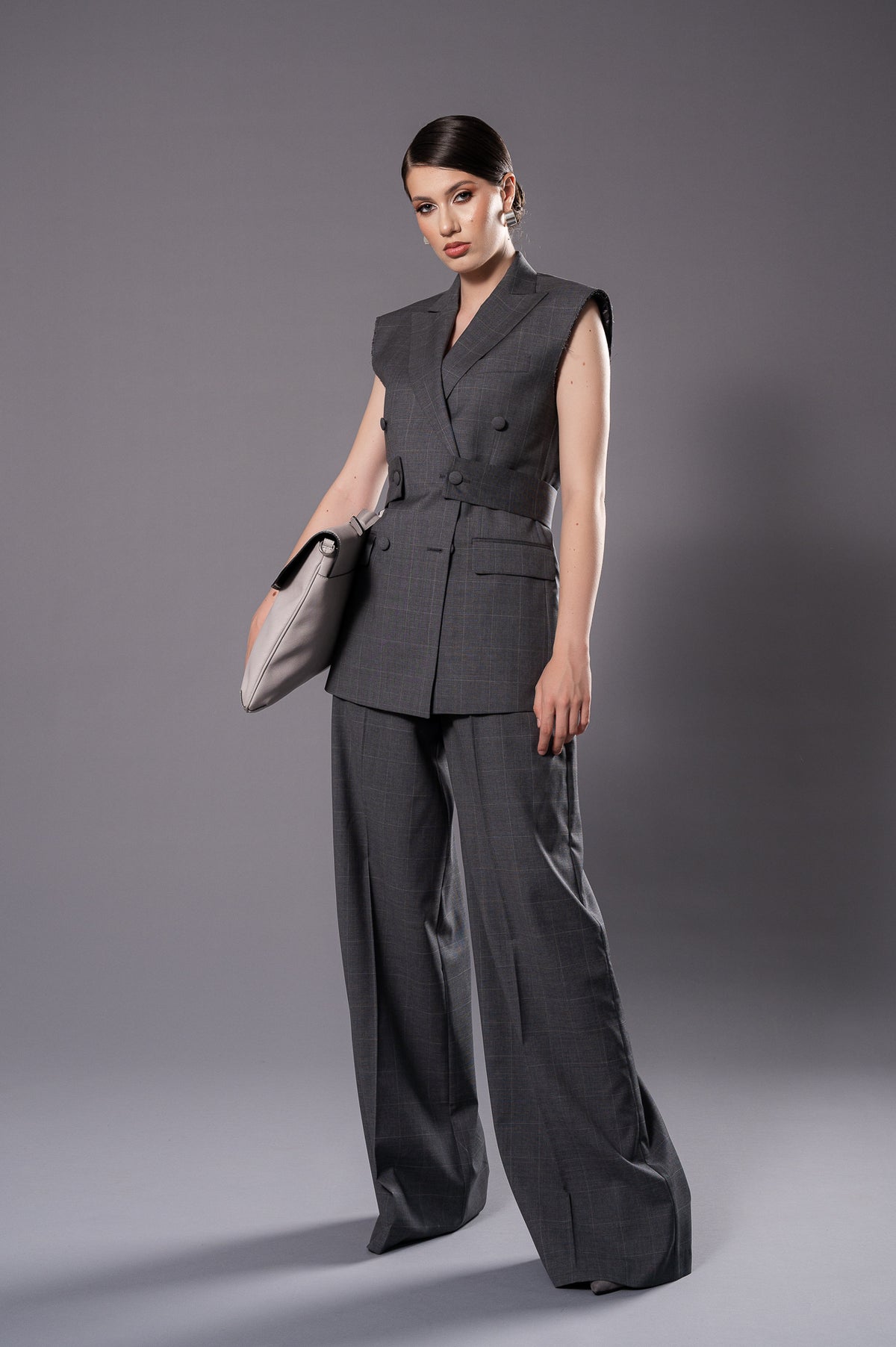 ANAIS-EVA Gray Double - Breasted Sleeveless Jacket