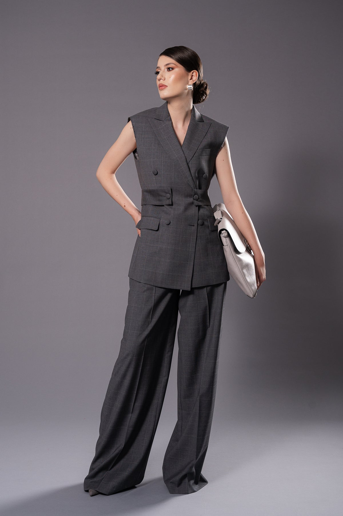ANAIS-EVA Gray Double - Breasted Sleeveless Jacket