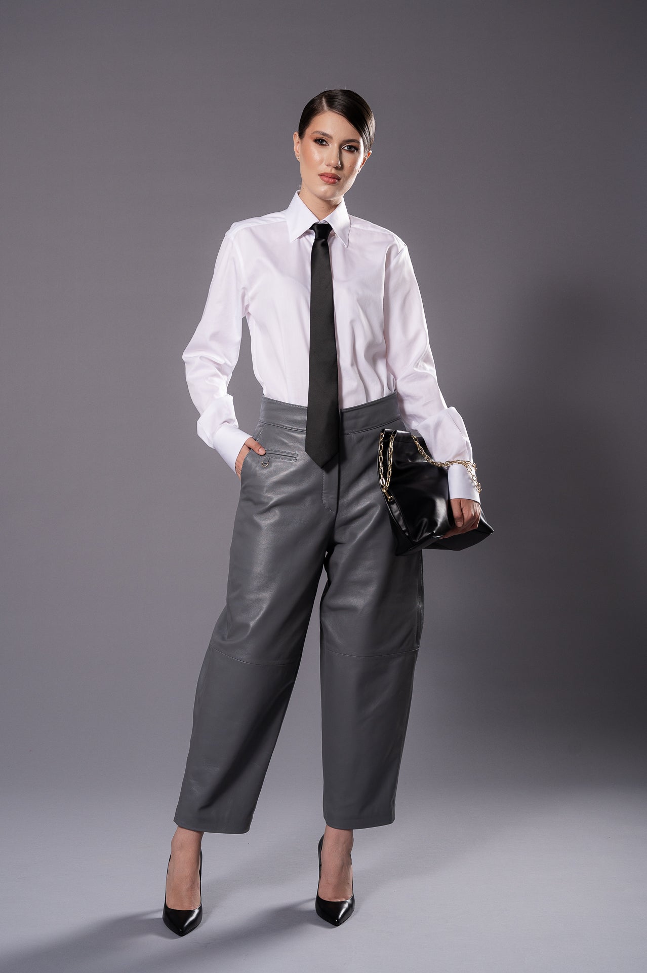 ELISE Grey Leather Trousers