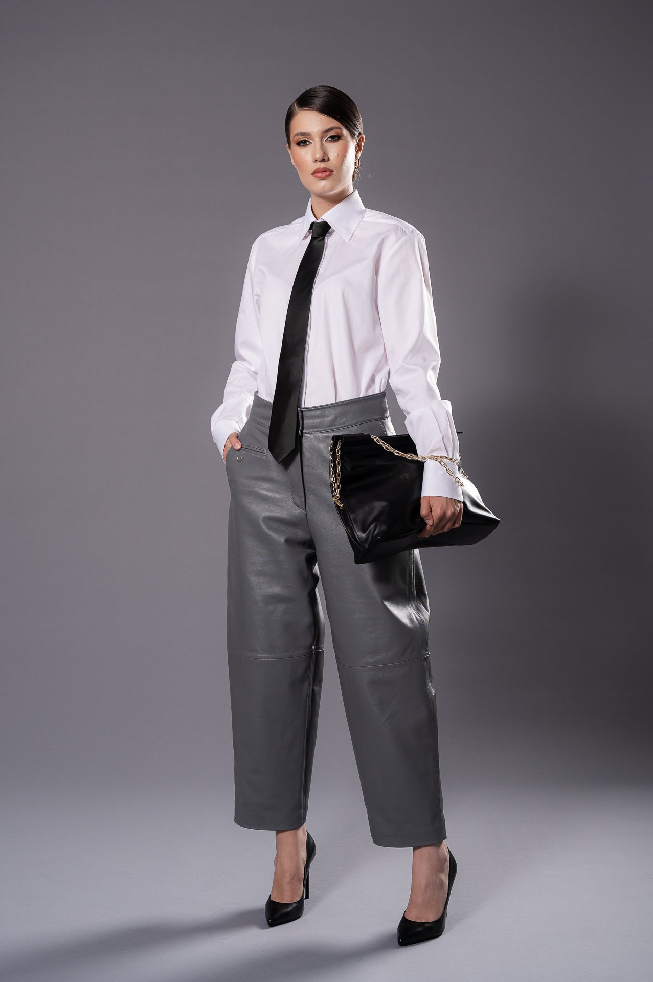 ELISE Grey Leather Trousers
