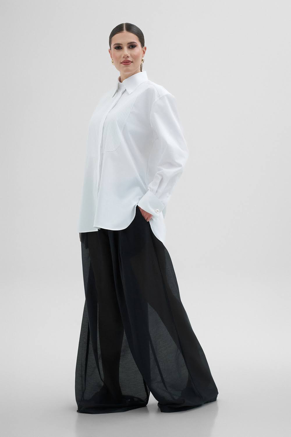 LUCIE Oversize Ceremonial White Shirt With Plastron & Cuffs with Pearl Cufflinks