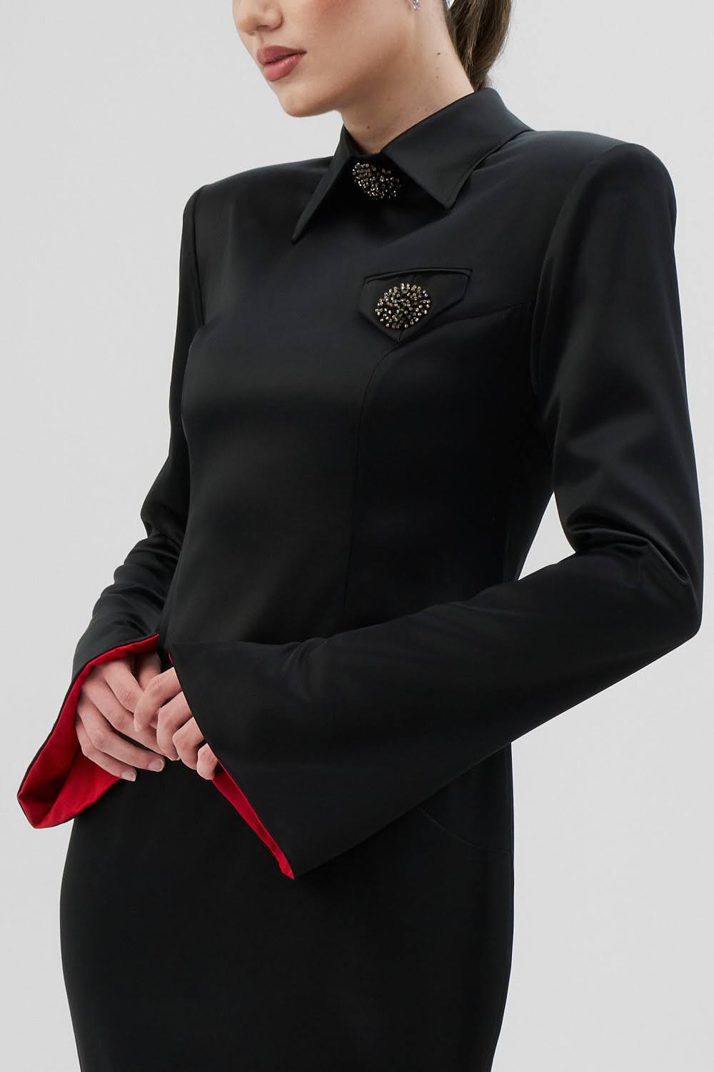 RIN Black Dress With Long Train and Red Interior
