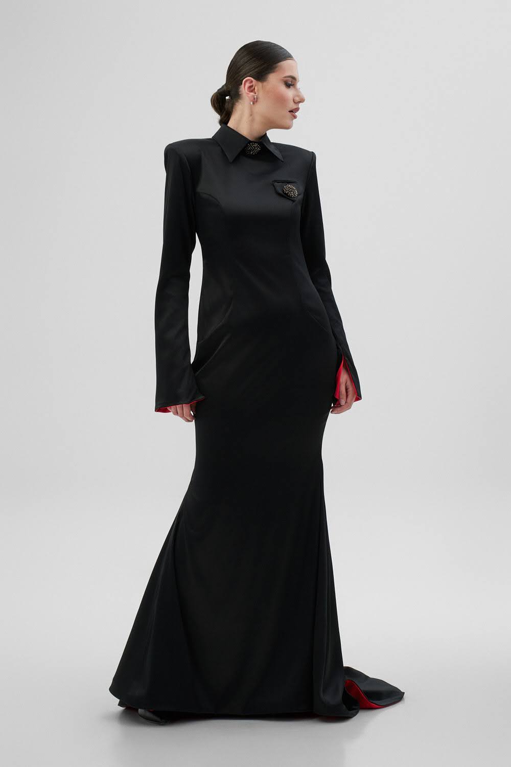 RIN Black Dress With Long Train and Red Interior