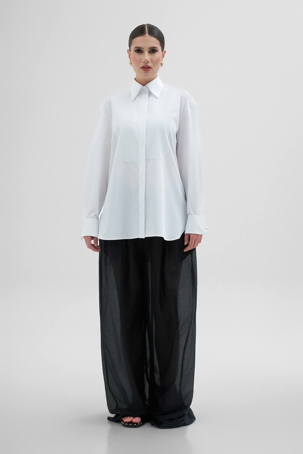 LUCIE Oversize Ceremonial White Shirt With Plastron & Cuffs with Pearl Cufflinks
