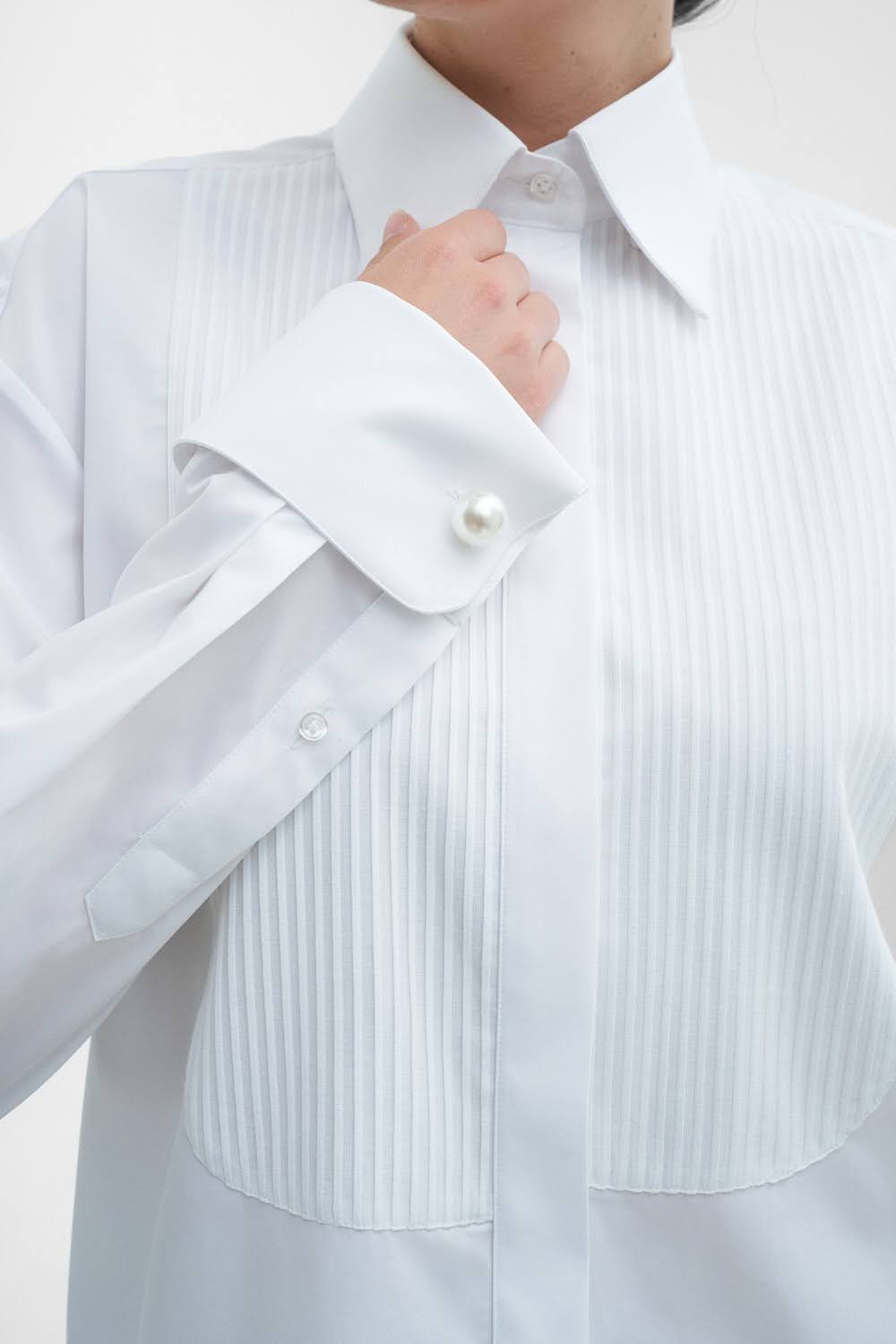 LUCIE Oversize Ceremonial White Shirt With Plastron & Cuffs with Pearl Cufflinks