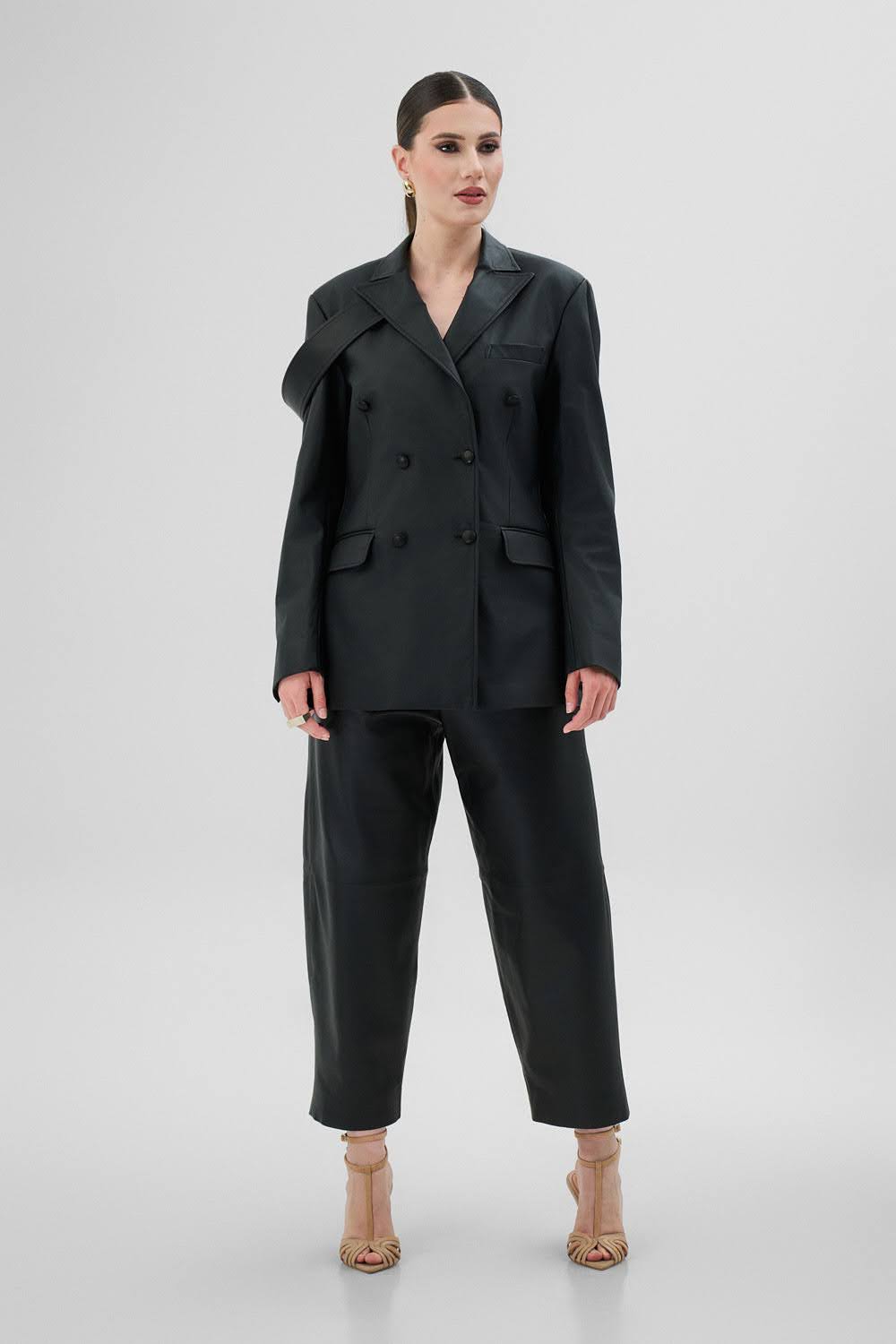 ANAIS Black Leather Jacket with Modular Stripe