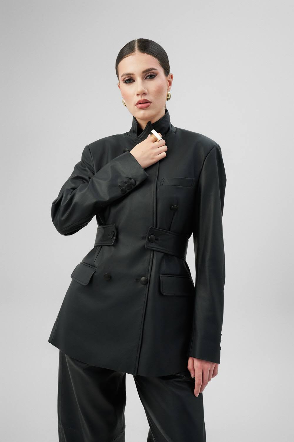 ANAIS Black Leather Jacket with Modular Stripe