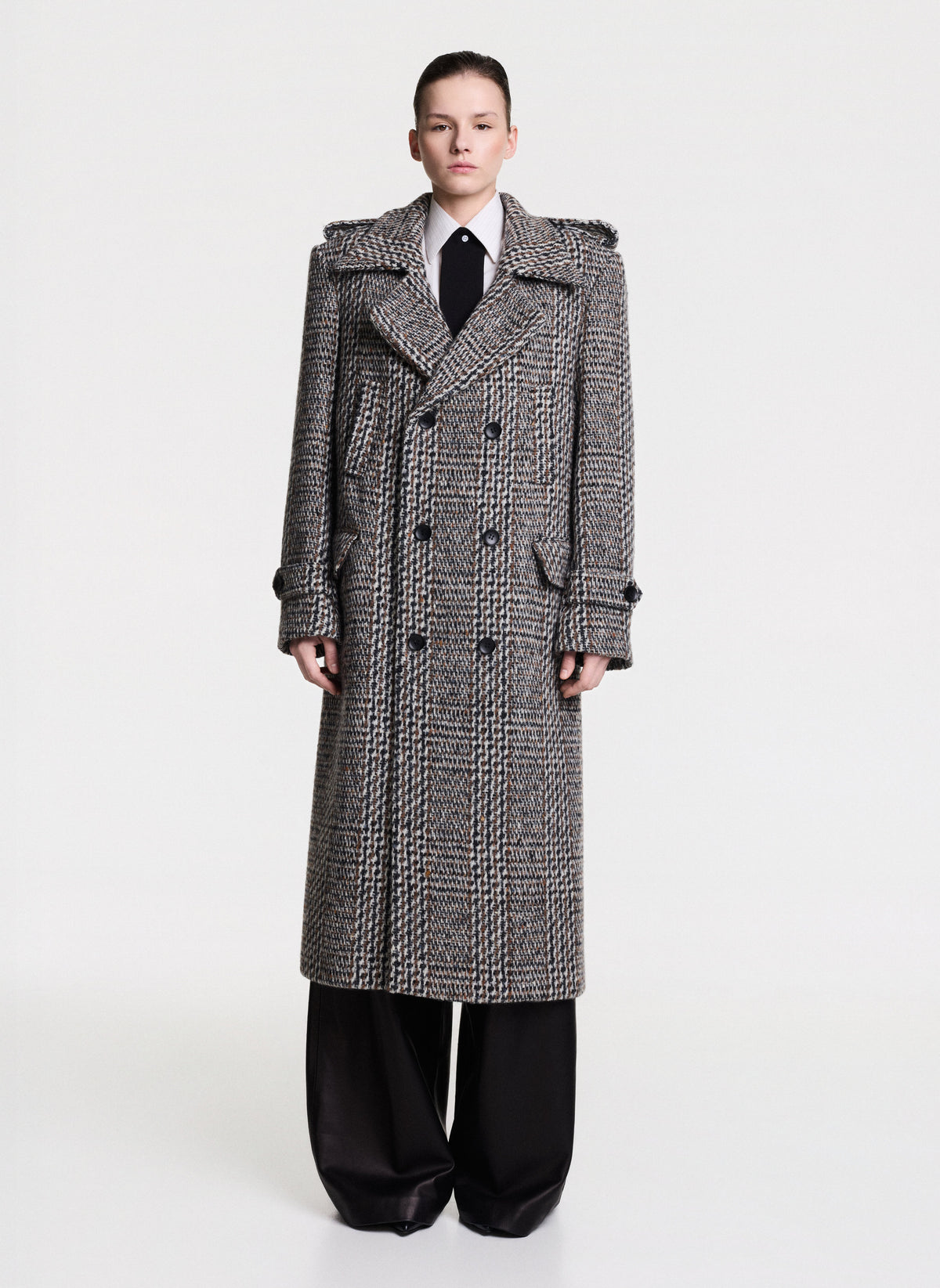 Double-Breasted Plaid Long Coat