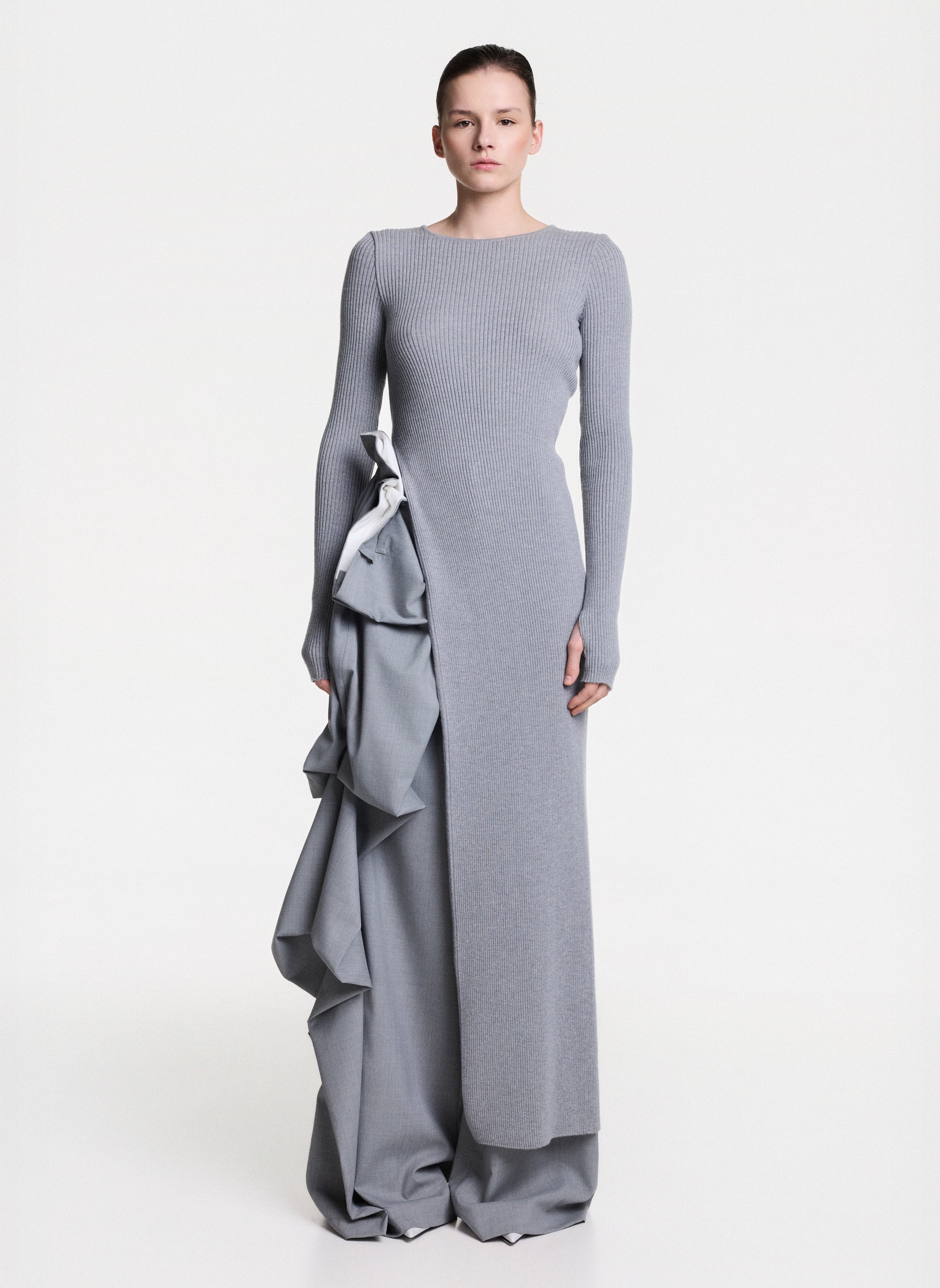 SOLENE Grey Wide Leg Trousers With Folded Details