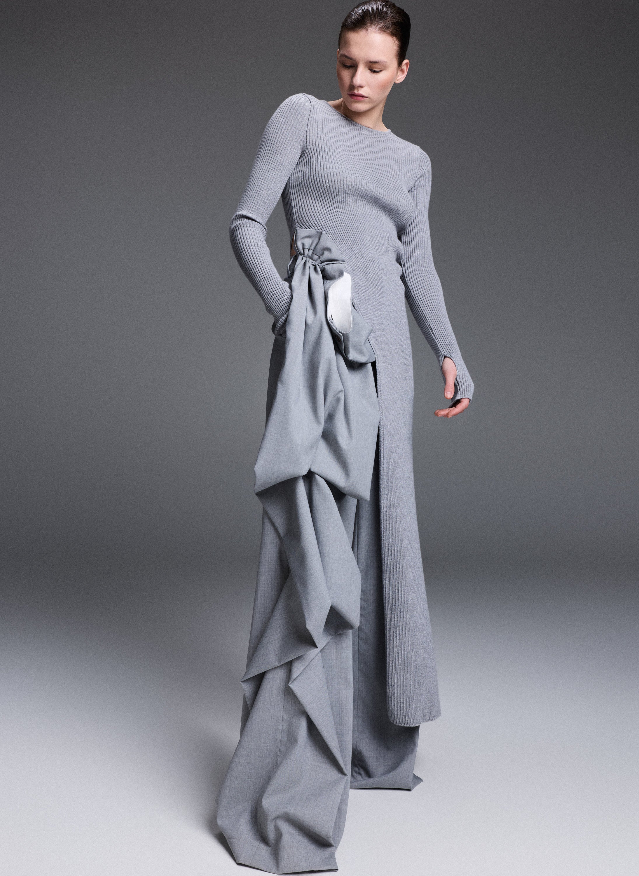 SOLENE Grey Wide Leg Trousers With Folded Details