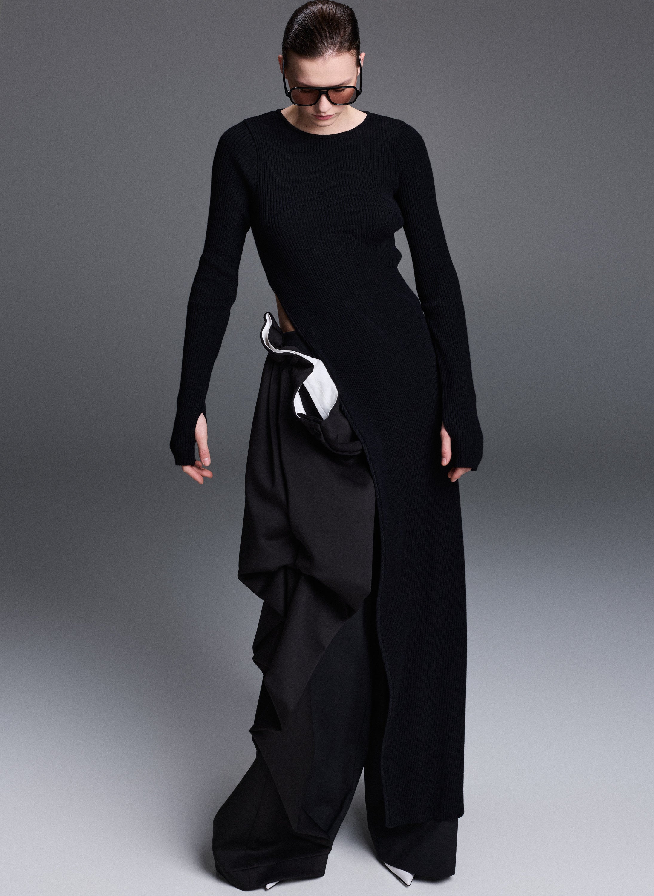 Black Long Knitted Top With Side Cut