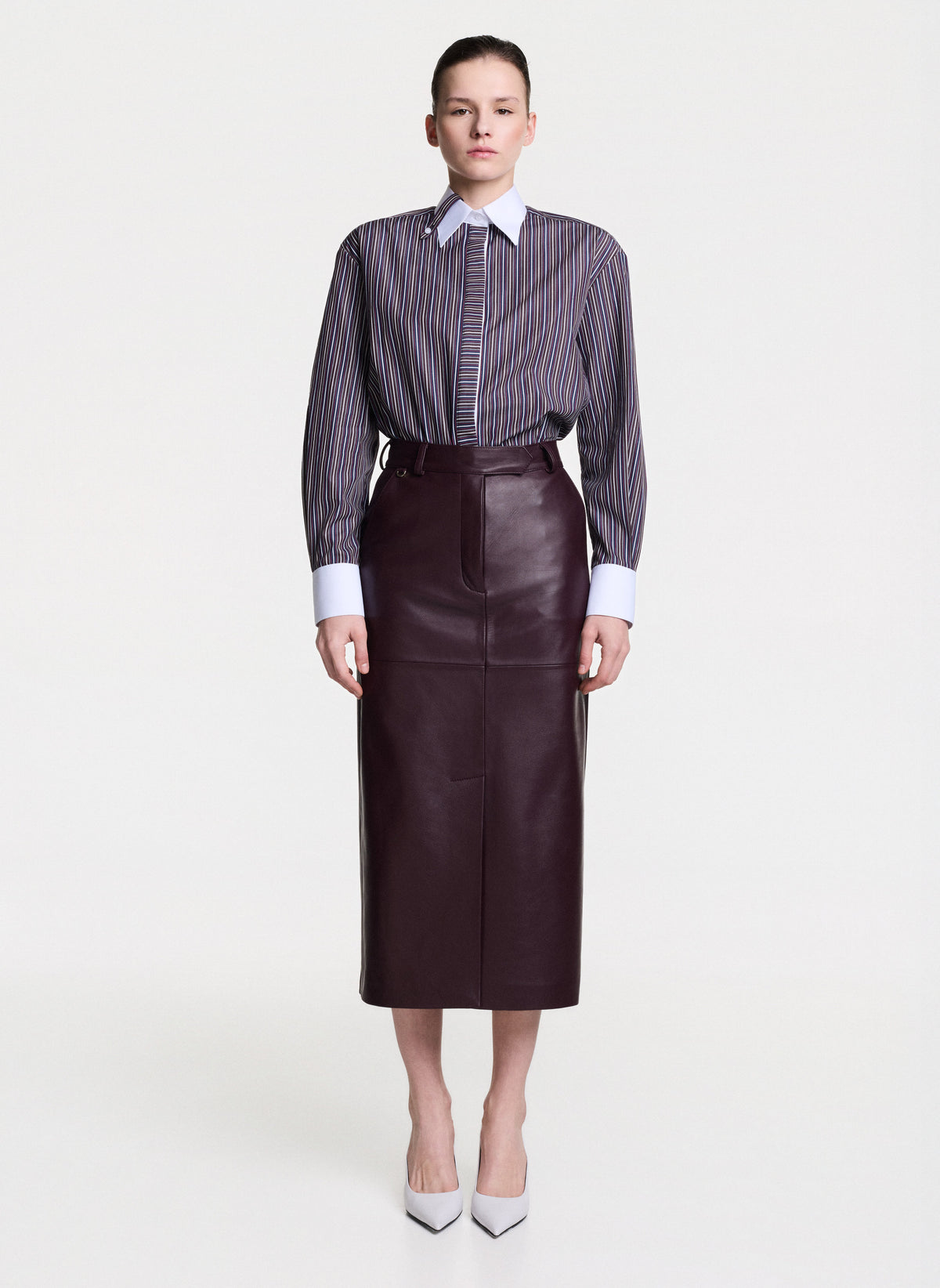 Natural Leather Burgundy Midi Skirt With Front Slit