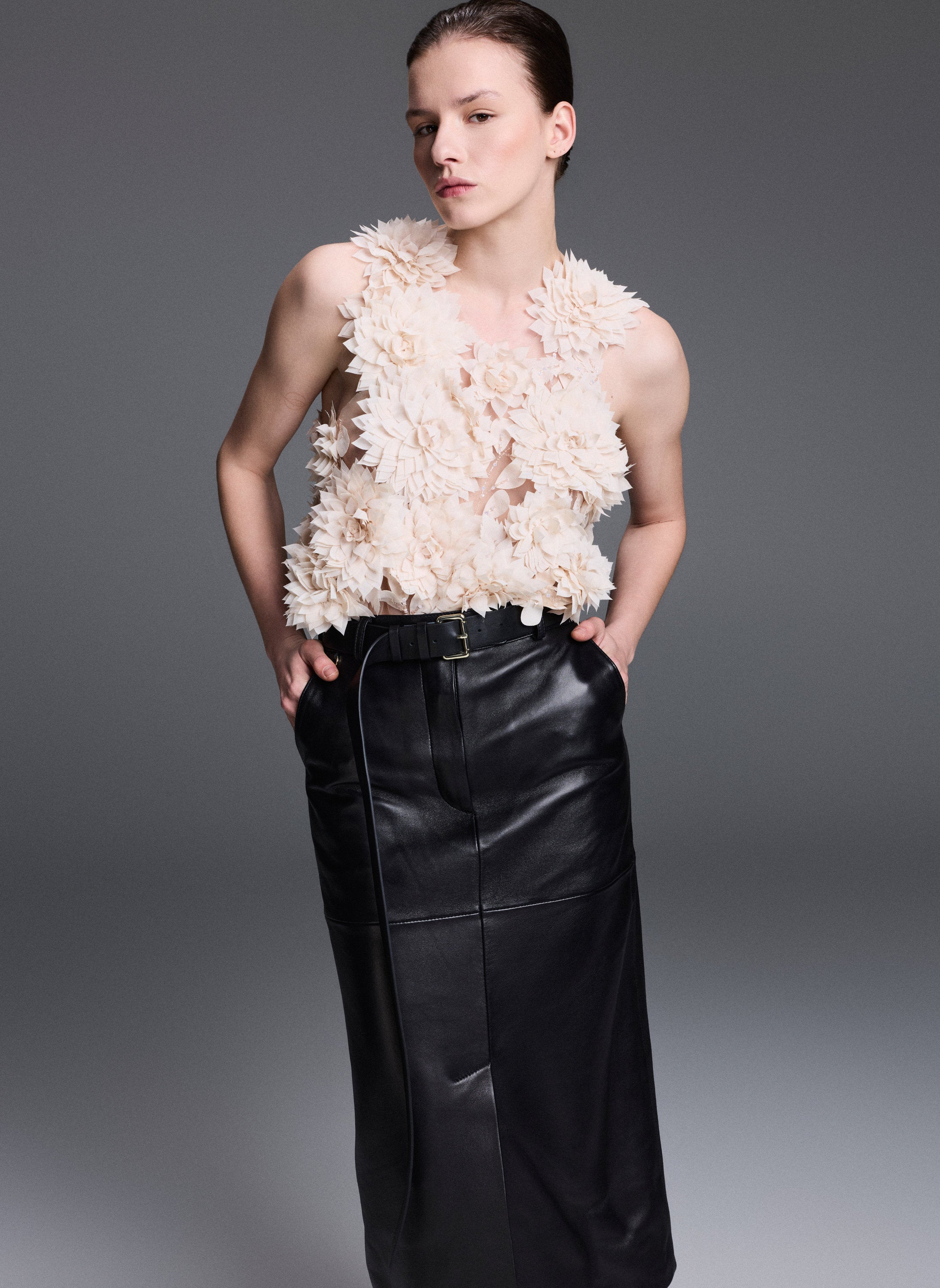 Natural Leather Midi Skirt With Front Slit