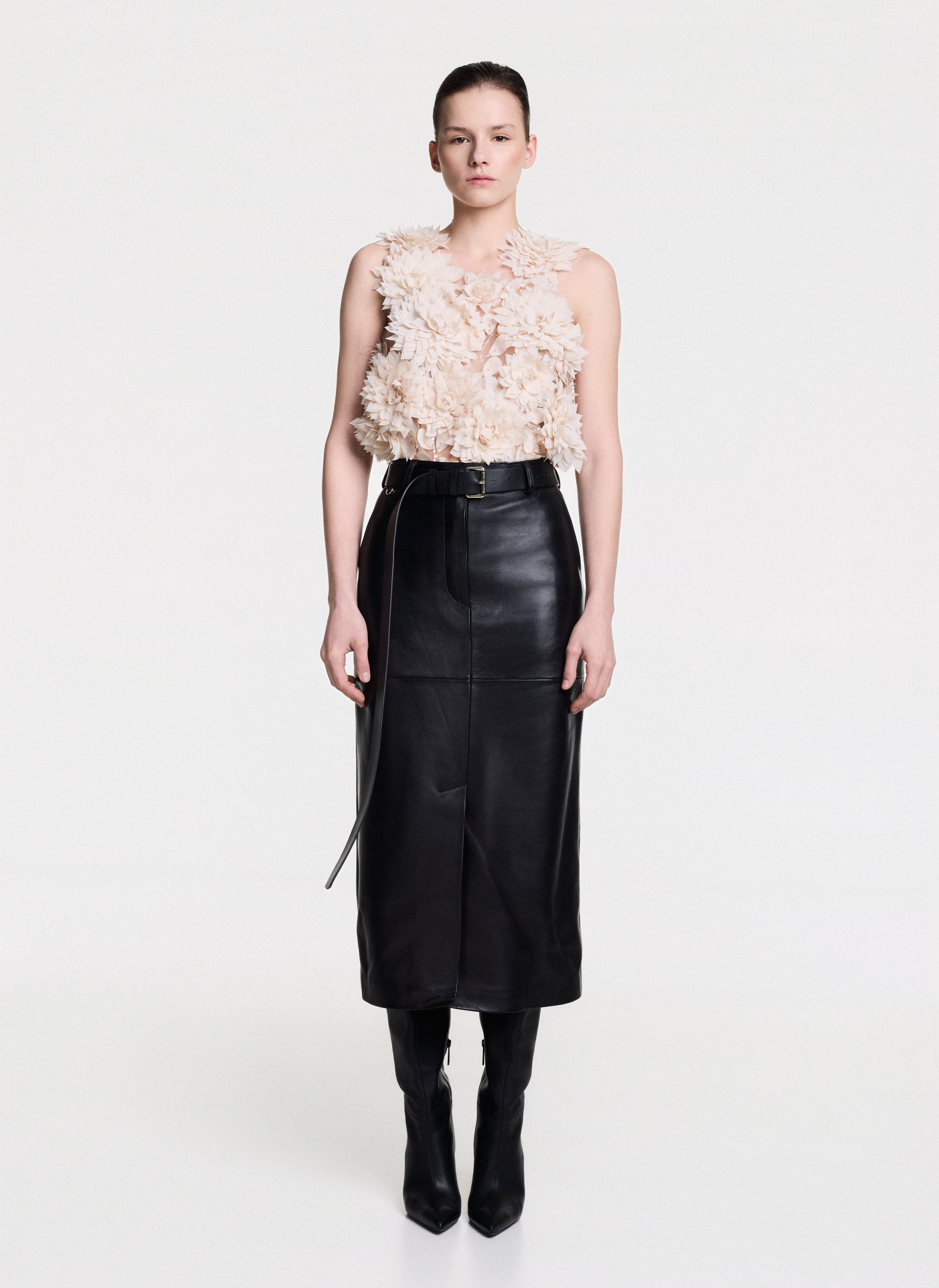 Natural Leather Midi Skirt With Front Slit