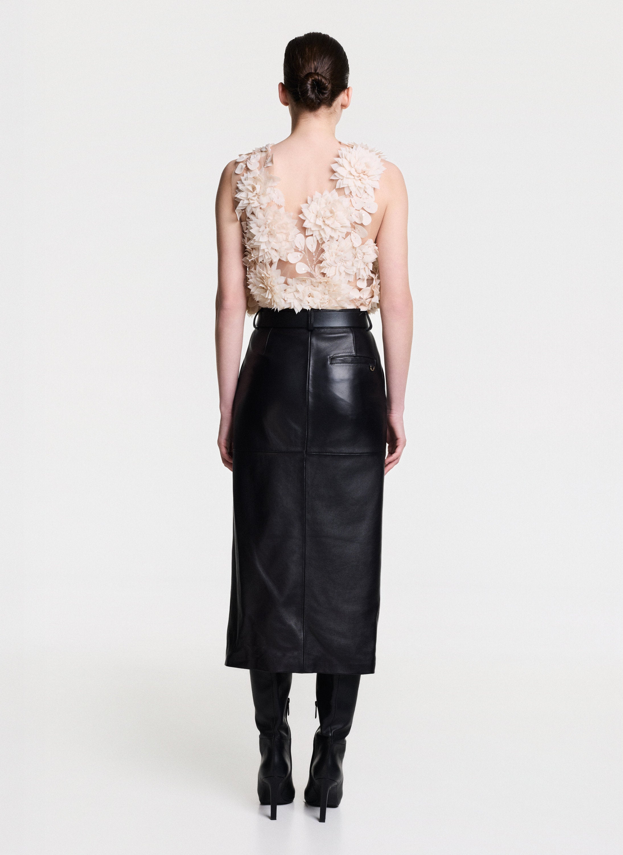 Natural Leather Midi Skirt With Front Slit