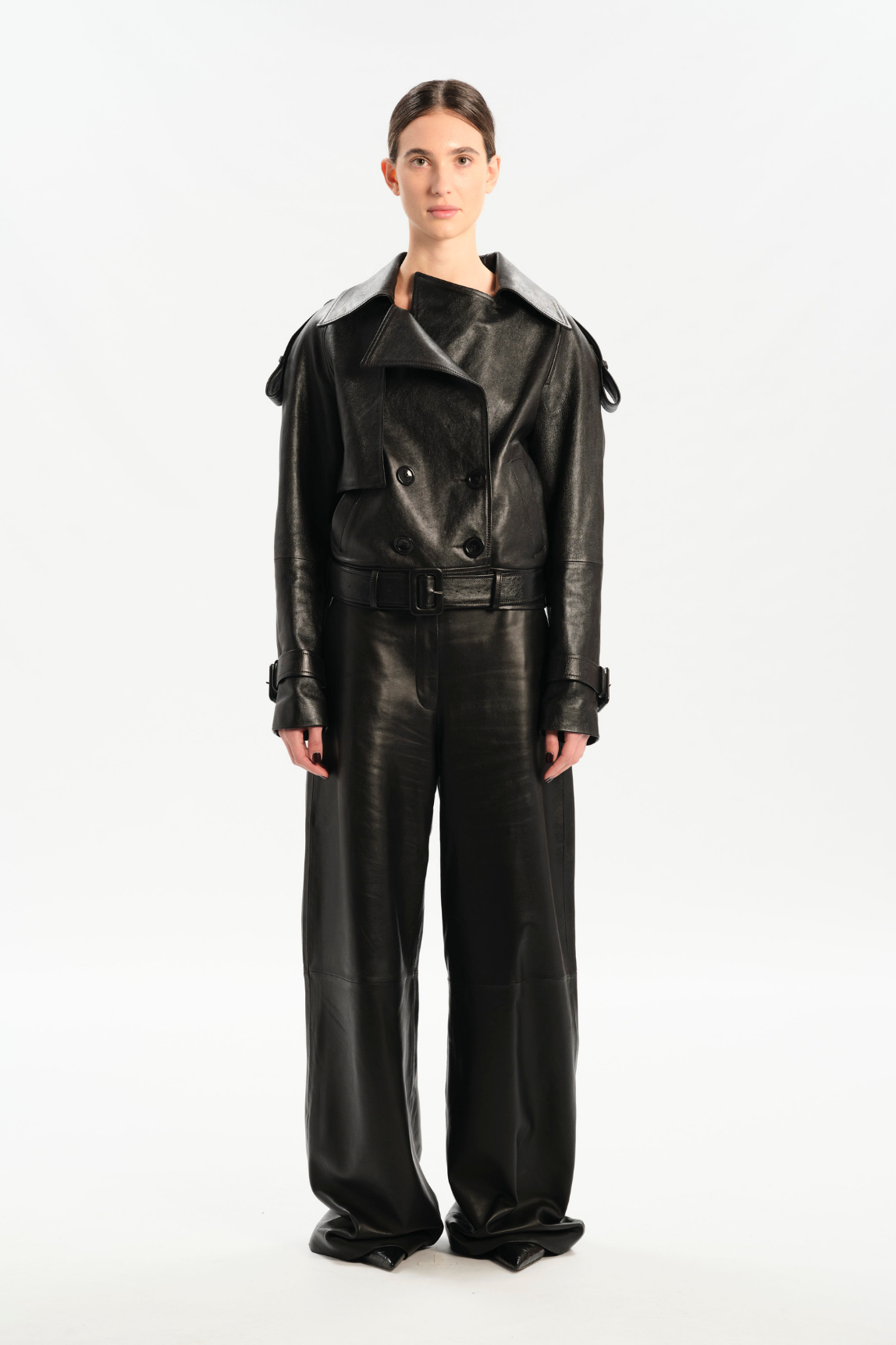 TIMEEA Black Short Leather Trench