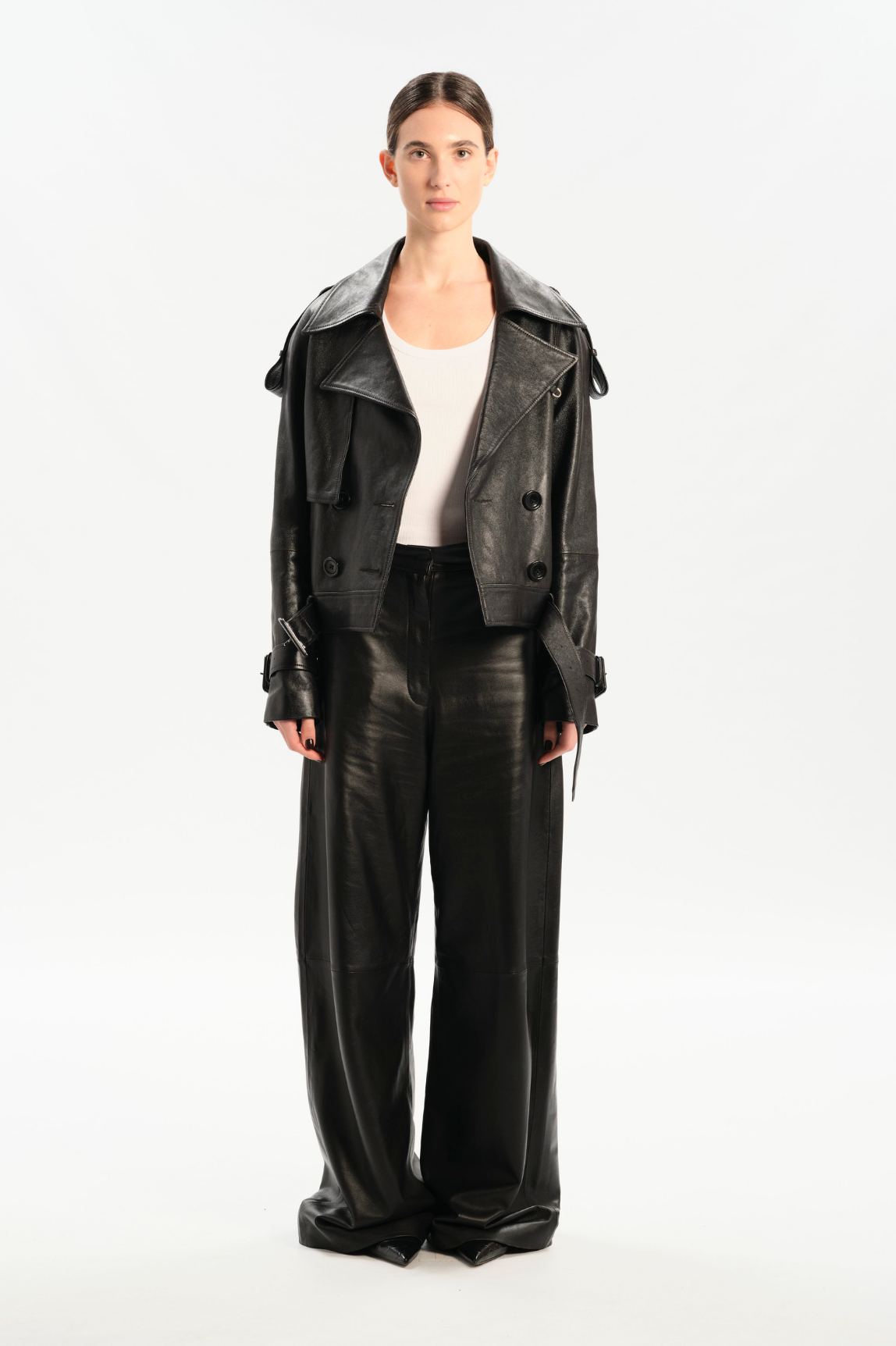 TIMEEA Black Short Leather Trench