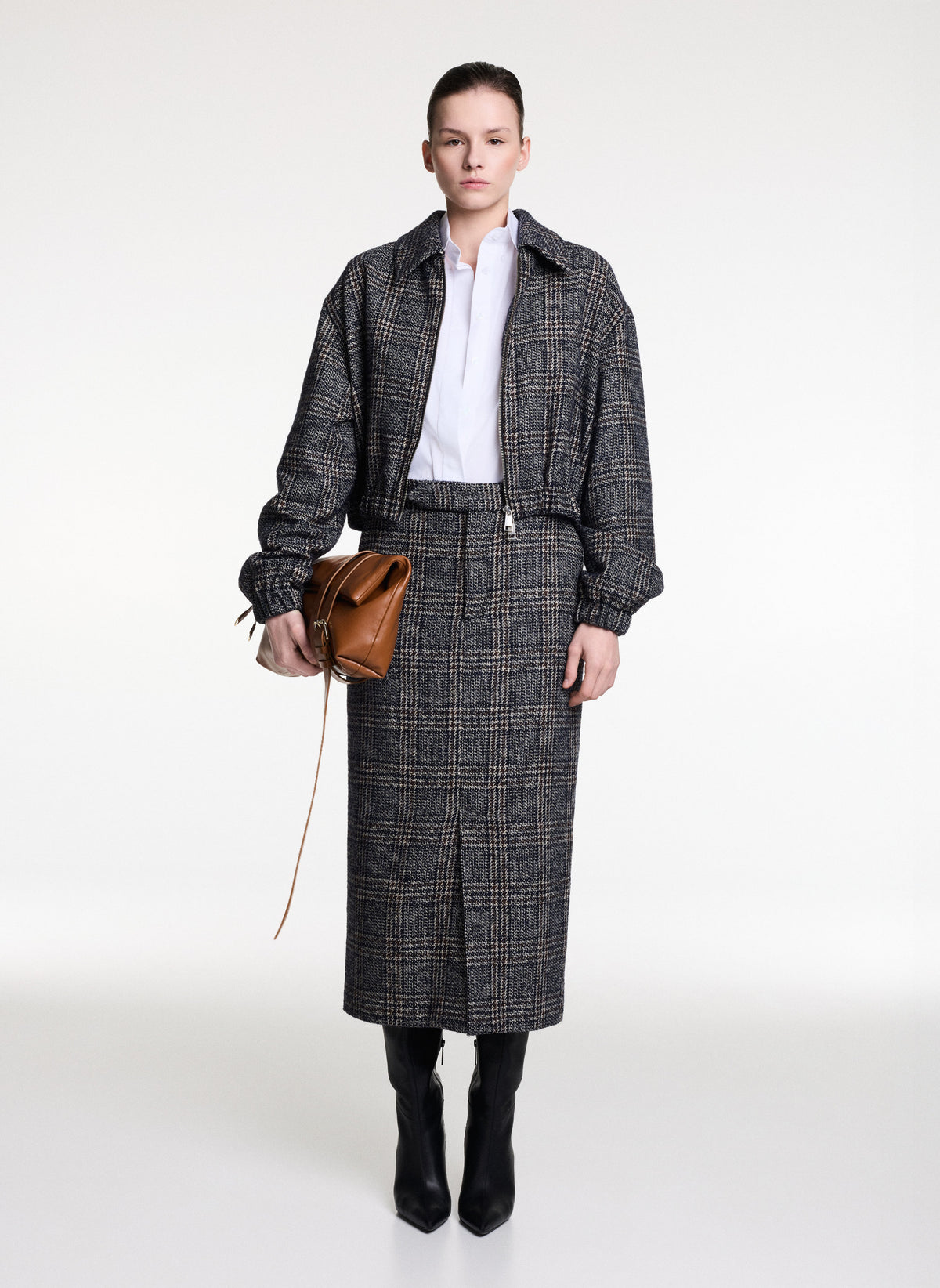 Plaid Midi Skirt With Front Slit