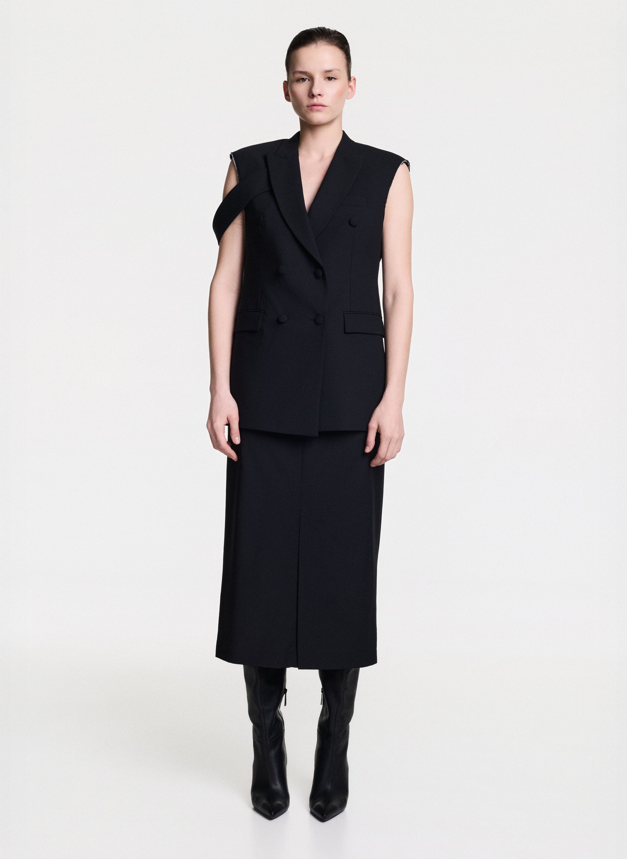 Double-Breasted Sleeveless Jacket With Shoulder Strap