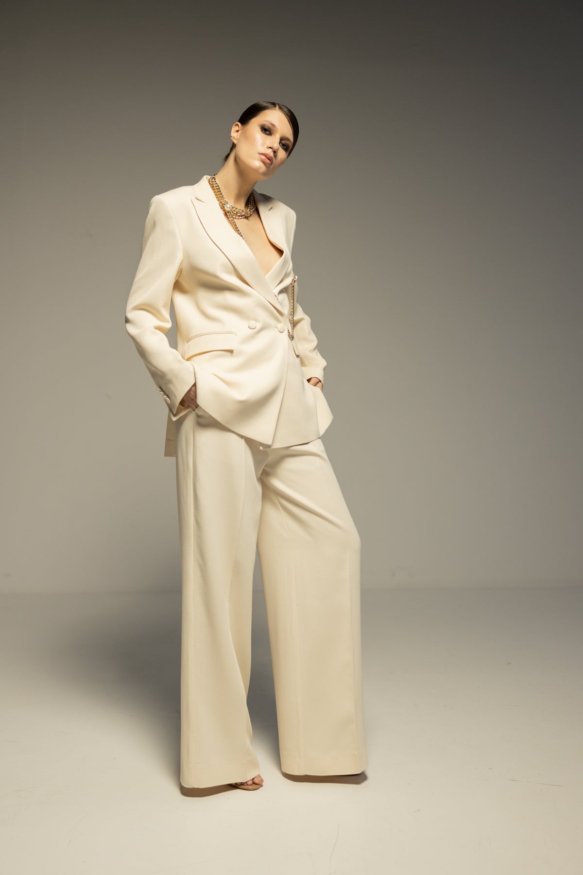 CYBELE Suit with Double - Breasted Jacket, Vest and Wide Leg Trousers
