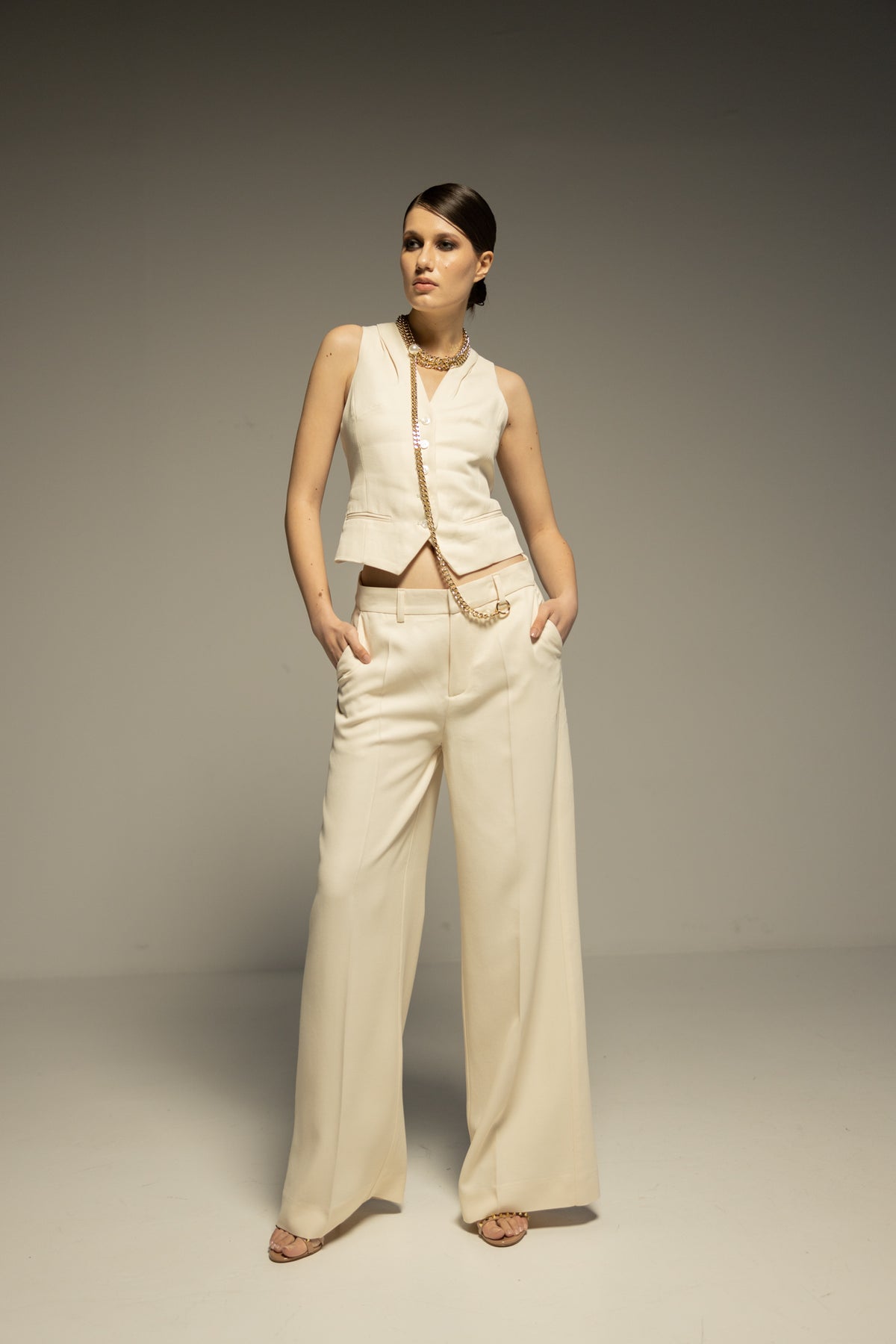 CYBELE Suit with Double - Breasted Jacket, Vest and Wide Leg Trousers
